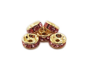 Natural 4x8mm Pack Of 50 Rose Pink Cz Gold Plated Brass Spacer Beads Genuine Gemstone