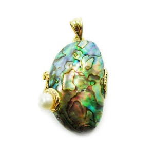 Natural 25x40mm Abalone And White Pearl Oval Pendant In Gold Metal Frame Genuine Gemstone