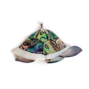 38 x 63 mm Pendentif mosaïque multi-coquillages tortue latérale, véritable pierre précieuse naturelle
