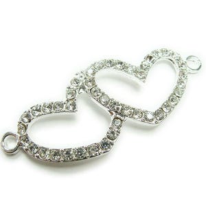 18x45mm Pack Of 4 Silver Metal And Cz Stone Double Heart Connector