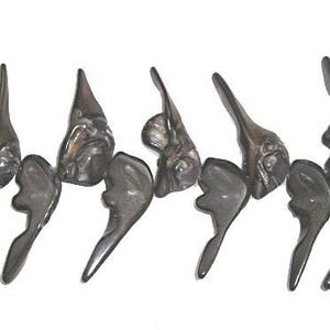 May include: An assortment of dark gray, abstract-shaped decorative objects. The objects have a smooth, reflective surface and are arranged in a row against a white background. The shapes vary, with some resembling horns or curved elements.