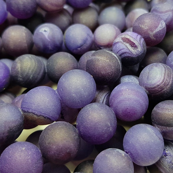 Natural 10mm Purple Matte Druzy Quarz Agate Round Beads Genuine Gemstone