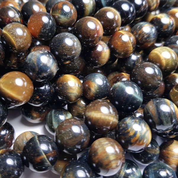 Natural 8mm Blue/Yellow Tiger Eye Round Beads Genuine Gemstone