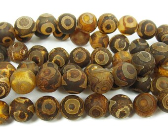 Natural 12mm Tibetan Dzi Style Agate Matte Brown Third Eye Beads Genuine Gemstone