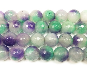 Natural 13-14mm Multicolor Purple Green And White Jade Faceted Round Beads Genuine Gemstone