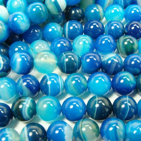 Natural 8mm 15 Inch Sea Blue Striped Agate Plain Round Beads Genuine Gemstone