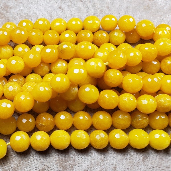 Natural 10mm Gold Yellow Jade Faceted Round Beads Genuine Gemstone