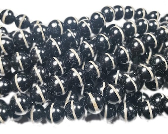 Natural 10mm Tibetan Dzi Style Black And White Line Agate Beads Genuine Gemstone