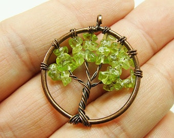 Natural 30mm Peridot Tree Of Life Brass Wire Pendant Genuine Gemstone