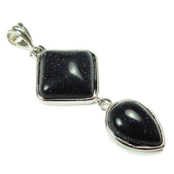 Natural 25mm x 55mm Blue Goldstone Two Piece Dangling Pendant Genuine Gemstone