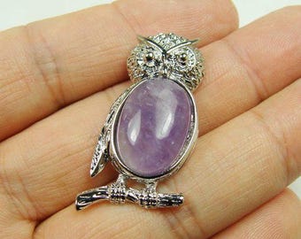 18x35mm Metal Frame Amethyst Owl Pendant Genuine Natural Gemstone