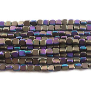 Natural 4x4mm Dark Purple And Iron Gray Multicolor Hematite Flat Matte Square Beads Genuine Gemstone