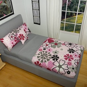 Light Gray, Pink and White Floral Motif Luxury Handmade Platform Doll Bed for 12&#39;&#39; Dolls - Realistic Bed Design for Dolls -