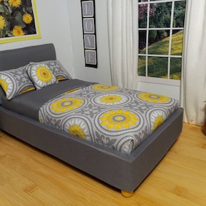 Gray and Yellow Medallion Luxury Handmade Platform Doll Bed for 12&#39;&#39; Dolls - Realistic Bed Design for Dolls -