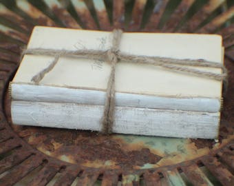 Unbdound Book Mini Centerpiece, Stack of 2 Small Vintage White Unbound Books Wrapped in Twine, Rustic Wedding Centerpiece, White Book Stack
