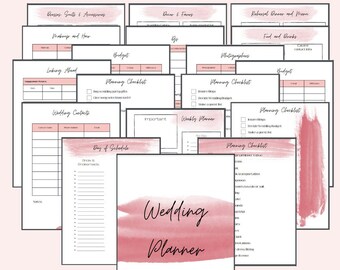 Könnte beinhalten: Ein Hochzeitsplaner mit einem rosafarbenen Aquarelldesign. Der Planer enthält Abschnitte für das Budget, die Vorausplanung, Hochzeitskontakte, den Tagesablauf, wichtige Informationen, den Wochenplaner und Planungschecklisten.