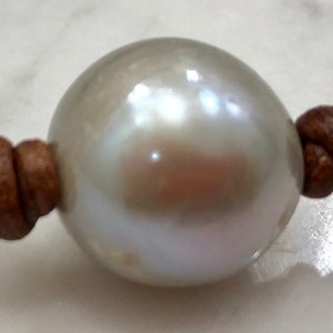 Silver Freshwater Pearl on Brown Leather Necklace
