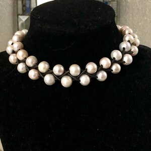White Freshwater Pearl Choker on Black Leather