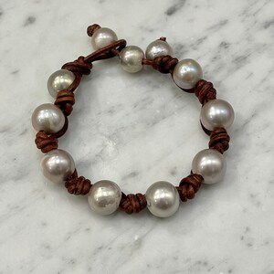 12mm Iridescent Silver Pearl and Knotted Brown Leather Bracelet