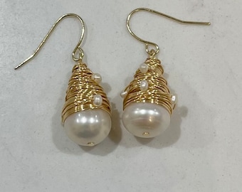Gold Filled Wire Wrapped Freshwater Pearl Dangle Earrings