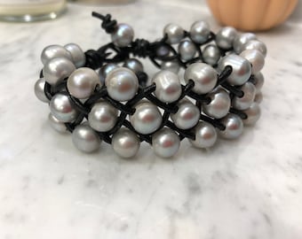 SALE 40.00**Silver Pearl and Black Leather Cuff Bracelet