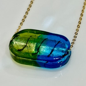 Deep Sea Blue and Green Oval Lampwork Murano Glass Pendant on Sterling Chain