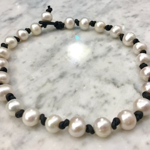 Handmade White Pearl Choker: Black Leather Adjustable Necklace