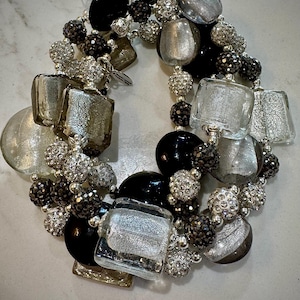 Rosario Leonardi Black, Silver, and Clear Murano Glass Necklace