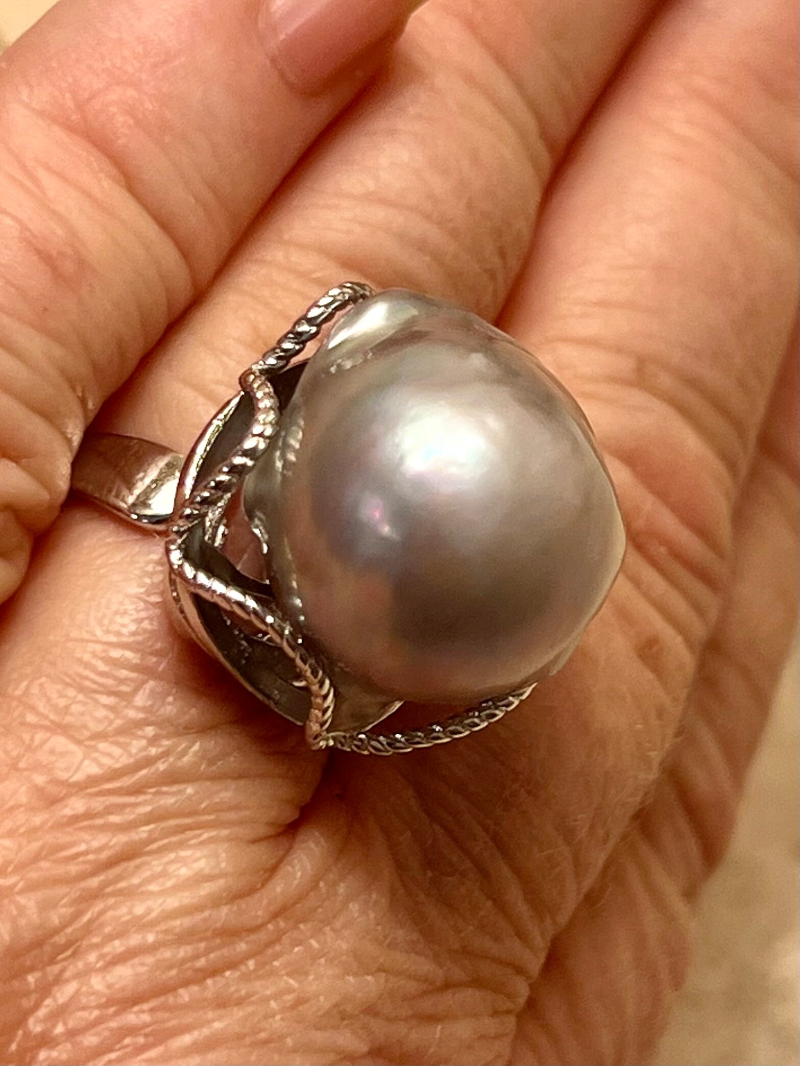 Sterling Silver Iridescent White Coin Pearl Ring Etsy Ireland
