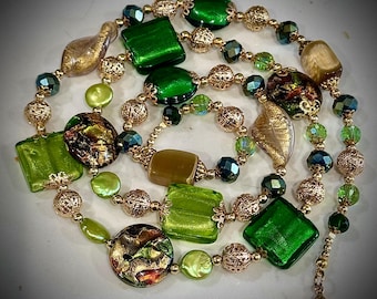 Rosario Leonardi Green & Gold Millefiori Lampwork Murano Glass Necklace