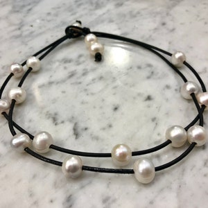 Handmade White Pearl Black Leather Choker: Adjustable Statement Necklace
