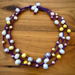 LSU themed Multistrand Purple, Gold and White Pearl Necklace