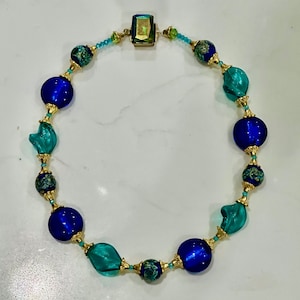 Rosario Leonardi Lampwork Murano Glass Necklace in Cobalt and Aqua