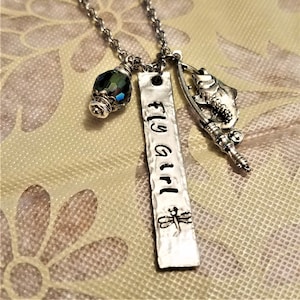 Fly Girl Hand-Stamped Fly Fishing Necklace with a Fish on the Line