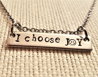 I Choose JOY! Smiley Face Hand-stamped Bar Necklace with Stainless Steel Chain