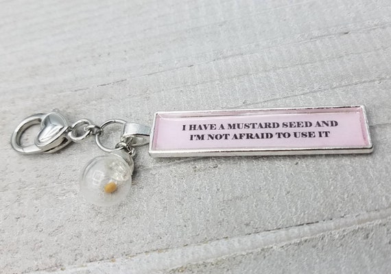 Tell your mountain where to go Mustard Seed Faith Necklace  or Purse Dangle Keychain Clip Matthew 17:20 Scripture Jewelry