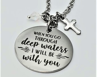 When you go through deep waters I will be with you Silver Layered Scripture Necklace with cross. Isaiah 43:2