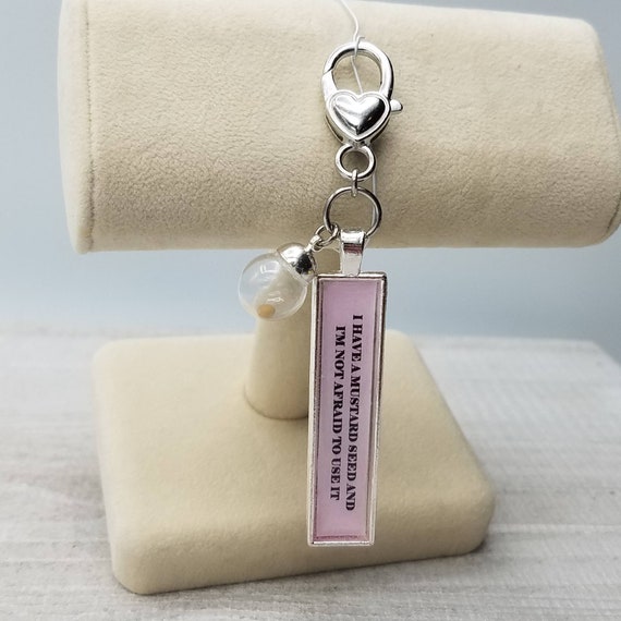 Tell your mountain where to go Mustard Seed Faith Necklace  or Purse Dangle Keychain Clip Matthew 17:20 Scripture Jewelry