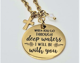 Deep Waters Gold Scripture Necklace with Cross, Isaiah 43:2