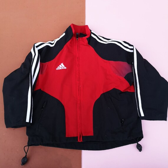adidas red jacket white stripes