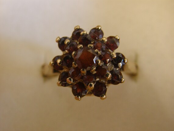 Vintage 9k Yellow Gold Garnet Ring with Matching … - image 1