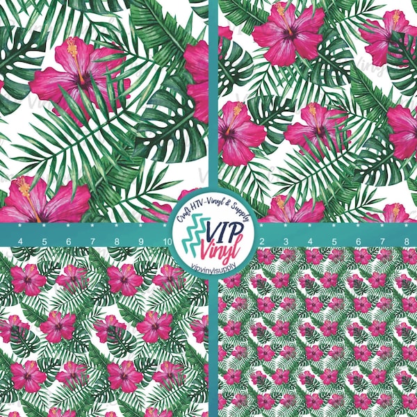 Tropical Watercolor Pattern HTV Vinyl - Heat Transfer Vinyl or Outdoor Adhesive Vinyl - Pink Hibiscus Printed Pattern Hawaiian Vinyl | 569A