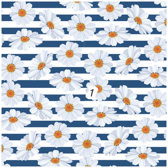 Floral HTV Vinyl Daisy Flower Pattern on Navy Blue Stripes Vinyl