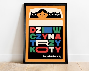 Poster art: One Girl Three Cats / 50x70 cm / 30x40 cm / original illustration / dziewczyna trzy koty