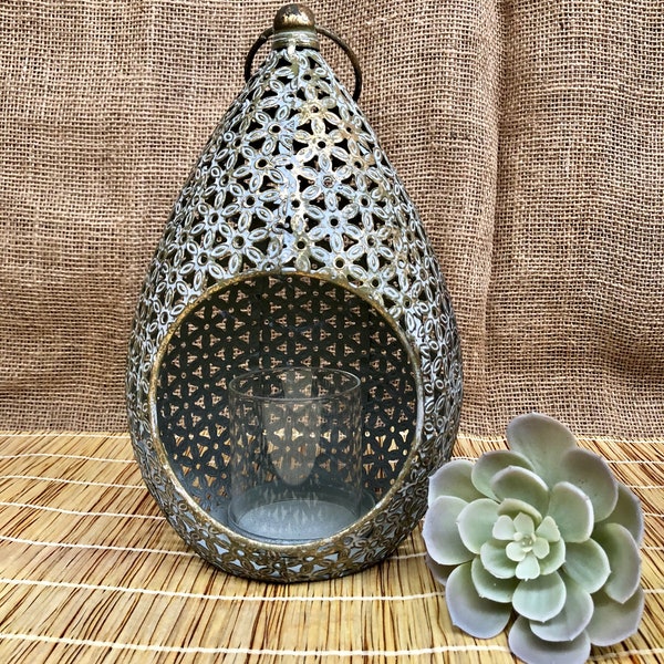 Middle Vintage Moroccan Lantern, Bronze Tone Metal Candle Holder, Rustic Home Decor, Garden Decor. With glass tube No accessory included