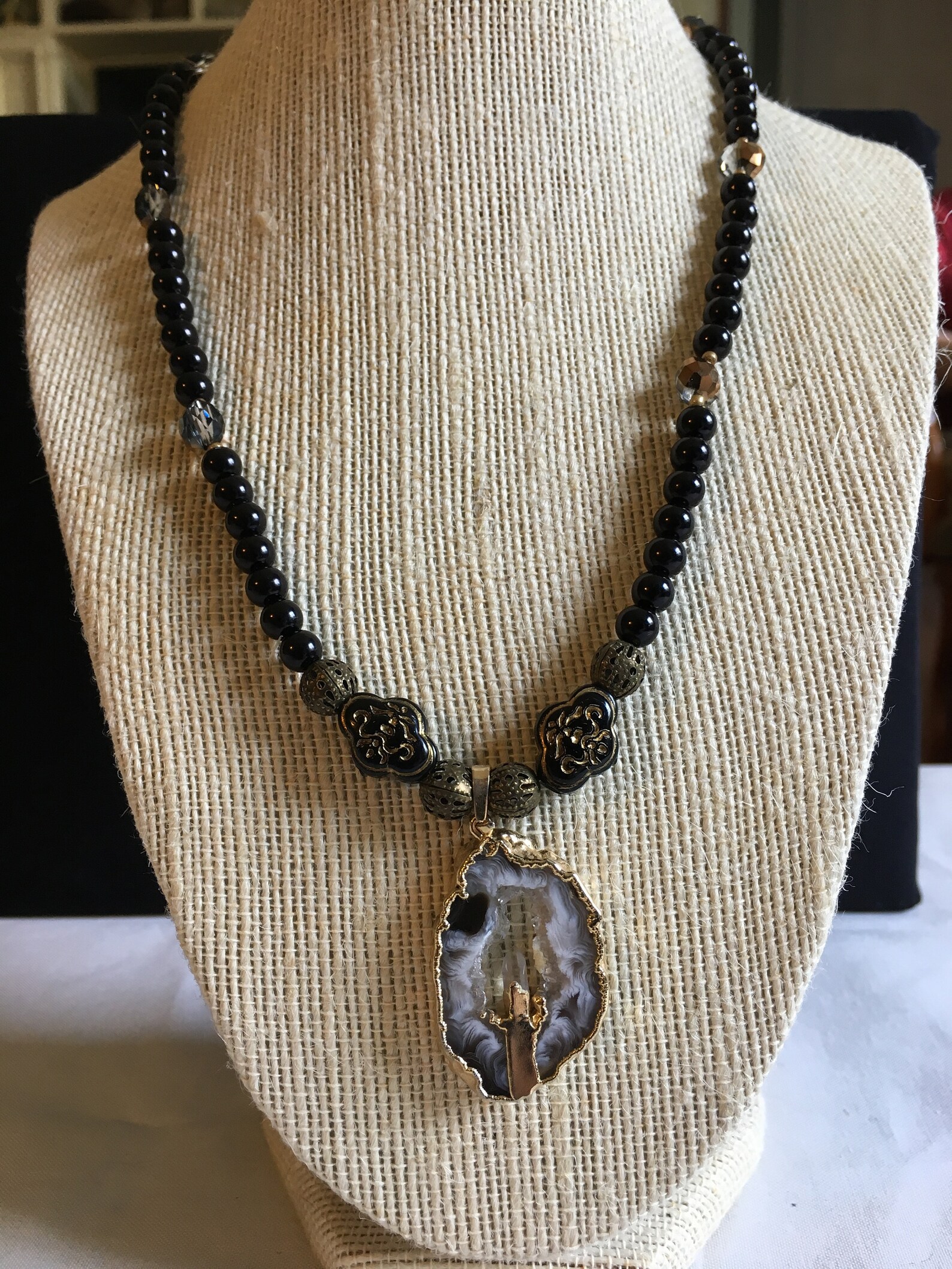 16 Black and Gold Quartz Necklace Etsy