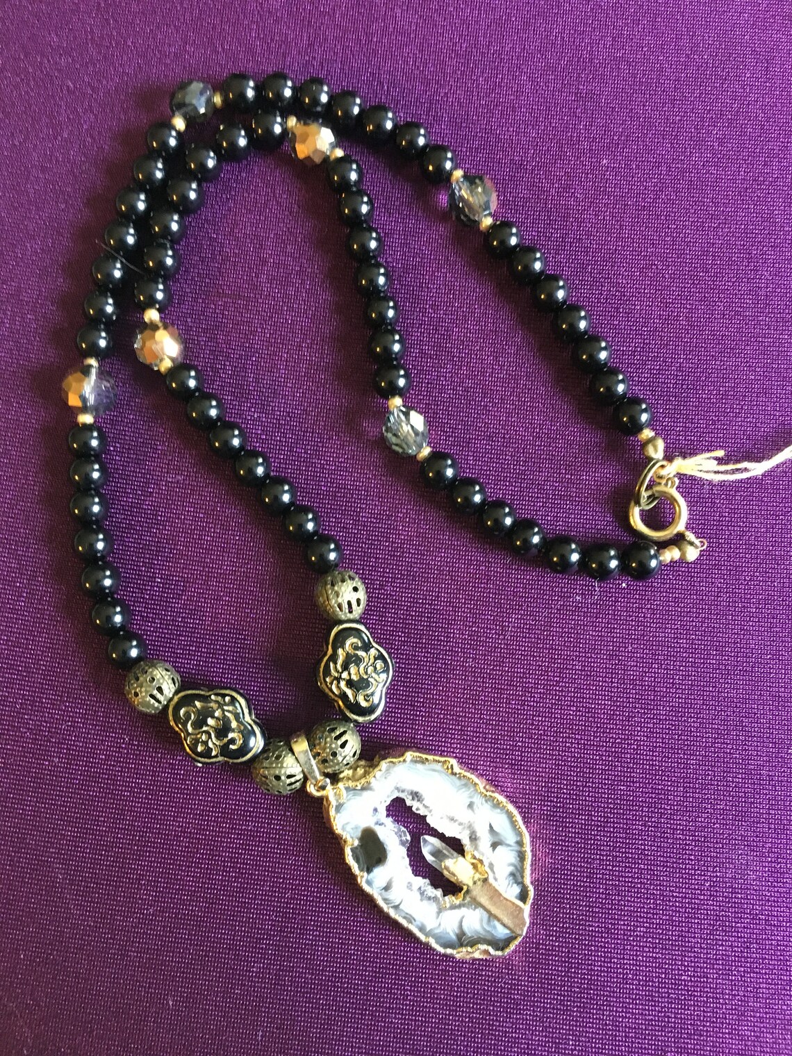 16 Black and Gold Quartz Necklace Etsy