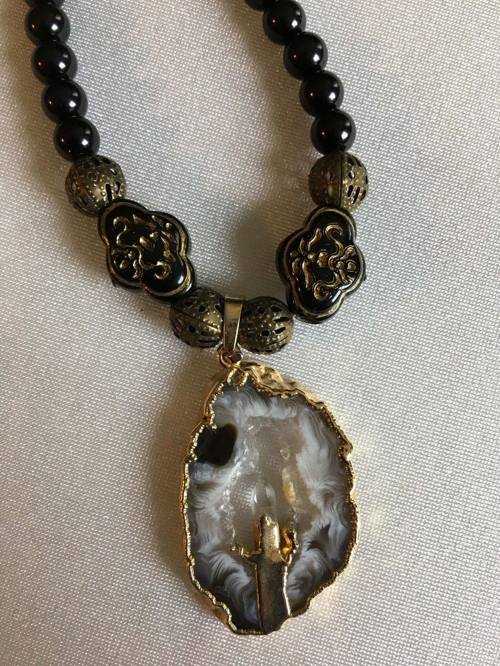 16 Black and Gold Quartz Necklace Etsy