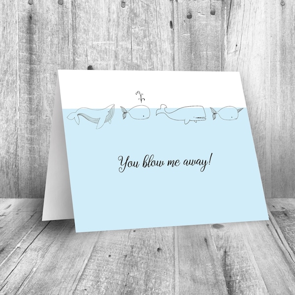 printable card for birthday, anniversary, graduation, retirement, valentines day, hand drawn cute whales, humorous fun instant digital card