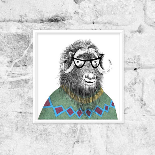 printable wall art, animal wall art, nursery print, funny art print, wild musk ox wearing glasses, instant digital download, fun cartoon art